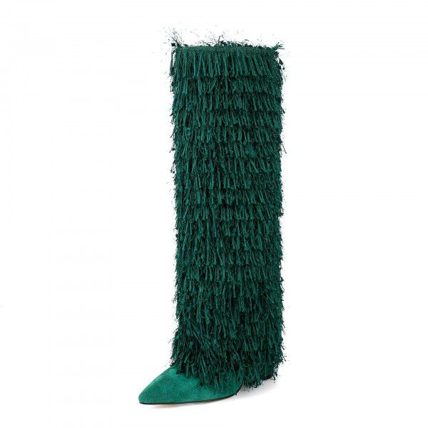 New Autumn and Winter Women's Fashion Tassel Sleeve Boots with Thickened Heels and Silver Tassel Boots Long Boots 