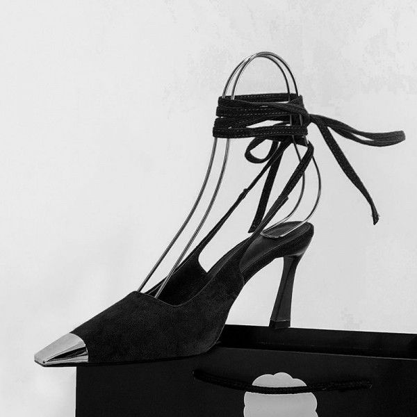 Sexy suede iron toe tie wrap around the feet, toe wrap sandals, square toe thin heels, high heels 