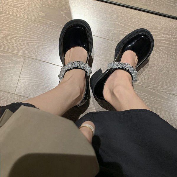 Spring New White Big Head Shoes Women's Japanese Small Leather Shoes Round Head Thick Heels Single Shoes Retro Water Diamond Mary Jane Shoes 