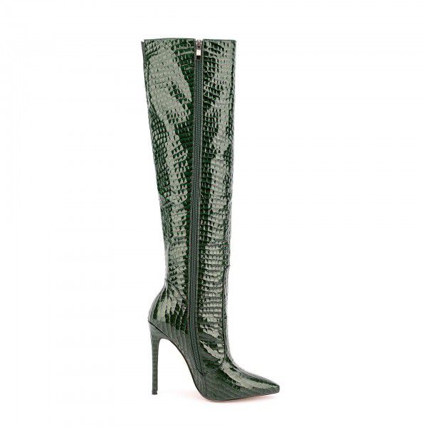 Metal stone patterned pointed toe thin heeled mid length boots can be made with single lining and added colors 