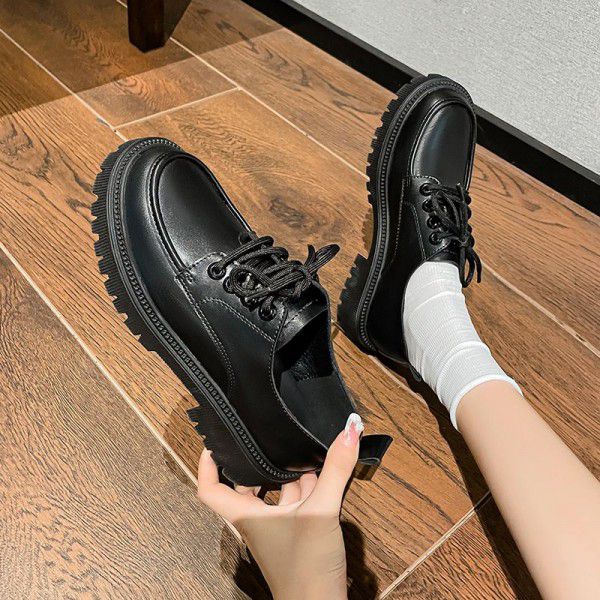 Thick soled small leather shoes for women, new British style slimming and versatile lace up single shoes, thick heel cowhide loafers 