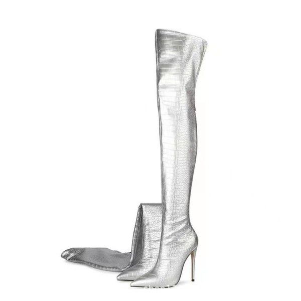 Autumn and Winter Stone Pattern Pointed Thin Heel Women's Over Knee Boots 