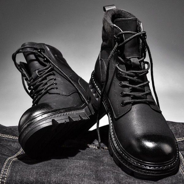 Thick soled Martin boots, men's leather boots, winter plush insulation, work attire boots, messy short boots, high top motorcycle men's shoes, genuine leather 
