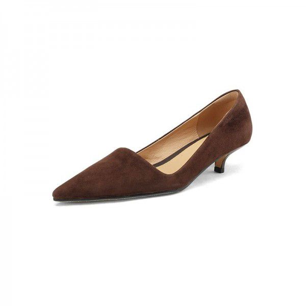 Minimalist temperament, slim heel, matte sheepskin suede, pointed toe, shallow mouthed cat heel, commuting single shoe for women 