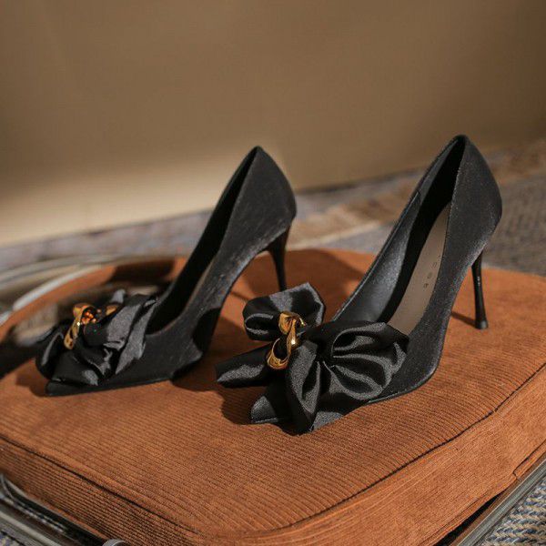 Pointed High Heels Women's New Versatile Celebrity Girls' Black Satin Thin Heels Shallow Mouth Banquet Shoes 