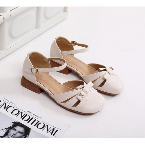 Women's Summer Single Shoes New Genuine Leather Hollow Shallow Mouth Women's Shoes Round Toe Thick Heels Casual Mesh Breathable Women's Sandals 
