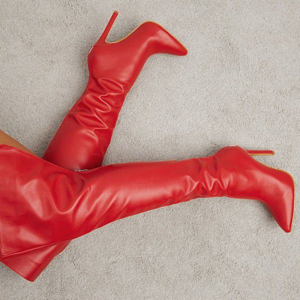 The same pointed toe slim heel knee length boots, winter new rear zipper 