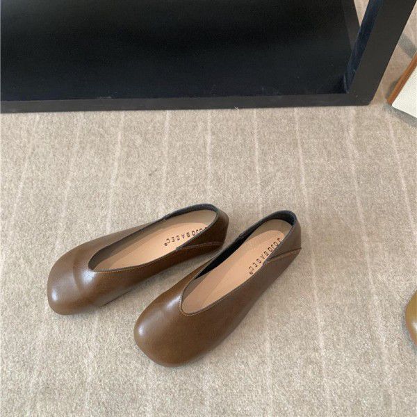 Women's Spring Square Head Versatile, Shallow Mouth, One Step Single Shoe, Soft Leather, Comfortable Retro Granny Shoes 