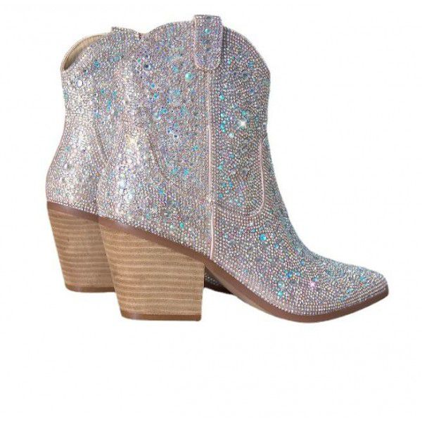 Pointed thick heeled short boots with customized rhinestone sequins in European and American style 