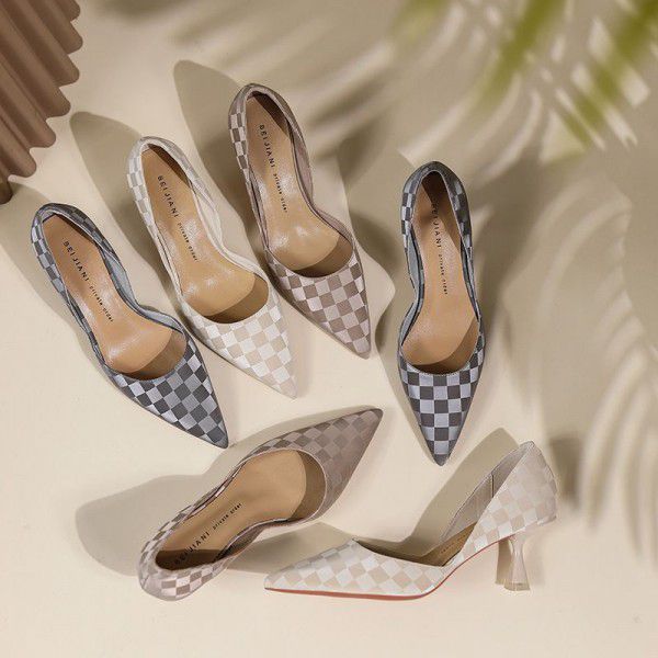 Checkerboard Pointed High Heel Single Shoe Fashion...