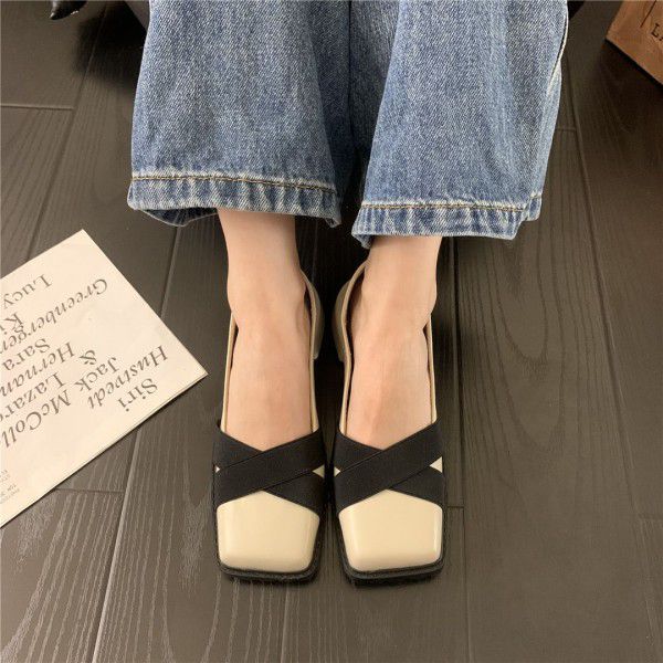 Spring thick heeled square toe women's shoes, shallow cut retro medium heeled single shoes, spring and autumn black small leather shoes 