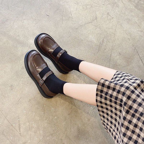 Brown Slip-on shoe Mary Jane women's shoes Flat single shoes Small leather shoes Autumn new style retro college style soft soles 