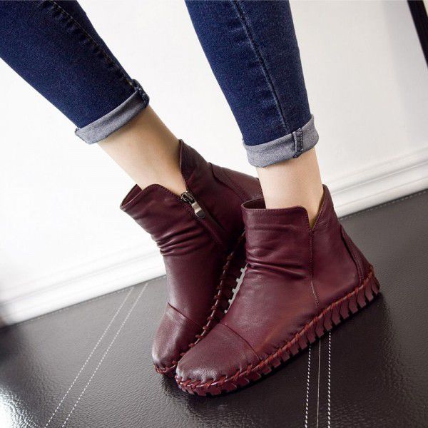 Autumn New Genuine Leather Short Boots Casual Flat Bottom Versatile Round Head Leather Boots 