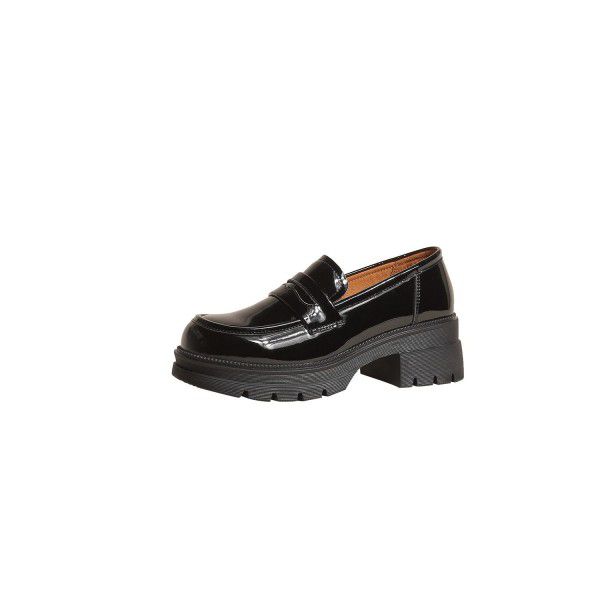 Thick soled full leather Slip-on shoe Spring new thick middle heel round toe small leather shoes cowhide single shoes for women 