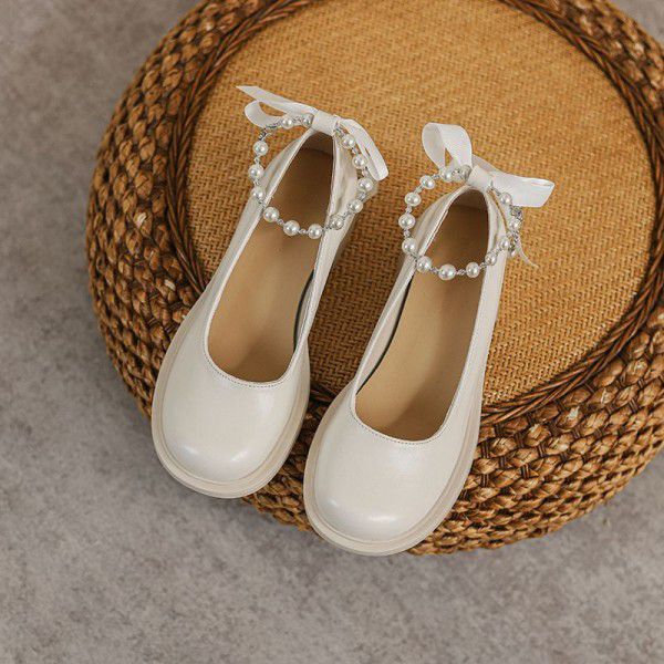 Early Spring New White Mary Jane Single Shoes, Feminine Style, Versatile Pearl Buckle, Thick Heels, Shallow Mouth, High Heels, Female 