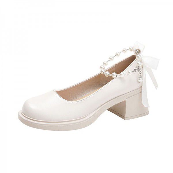 Early Spring New White Mary Jane Single Shoes, Feminine Style, Versatile Pearl Buckle, Thick Heels, Shallow Mouth, High Heels, Female 
