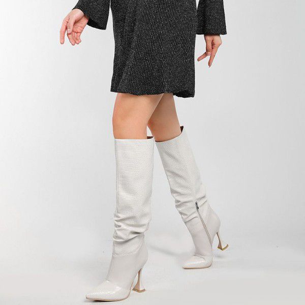 Autumn and Winter New European and American Style Pleated Long Boots High Heel Pointed Knight Boots Girl 
