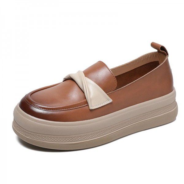 New spring cowhide casual single shoes women's soft soles color blocking thick soles Slip-on shoe women's leather retro mother's shoes 