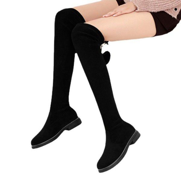 Girls' knee length boots, autumn and winter real rabbit hair balls, children's high boots, medium sized children's single boots, princess elastic boots 