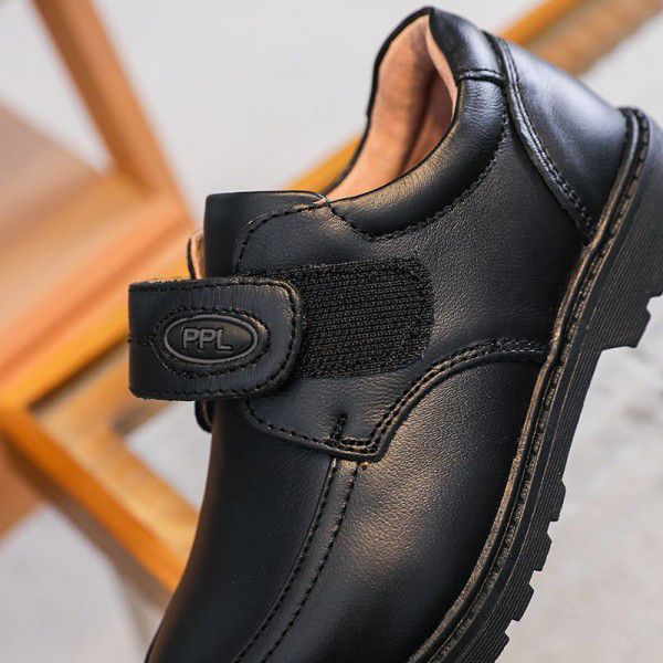Boys' leather shoes with genuine leather and soft soles, little boys' black spring British style student performance children's shoes 