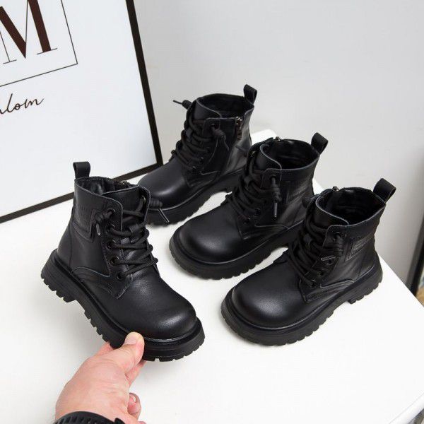 Girls' Martin Boots Leather Autumn and Winter British Leisure Boys' Single Boots Middle and Big Children's Cotton Boots 