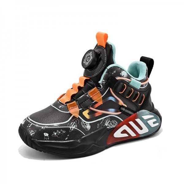 Children's Basketball Shoes Professional Training New Football Shoes Rotating Button Leather Surface Waterproof Medium to Large Children's Sports Shoes Anti slip Moisture 