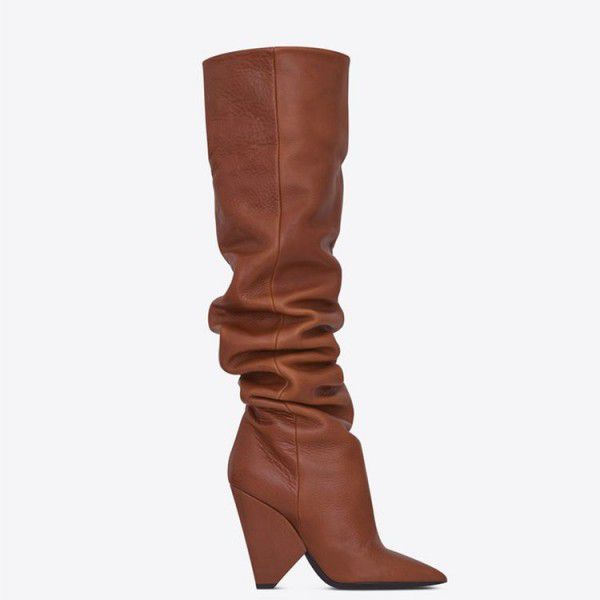 Women's shoes pleated long tube shaped heel pointed boots with stitching and cuffed elastic boots 