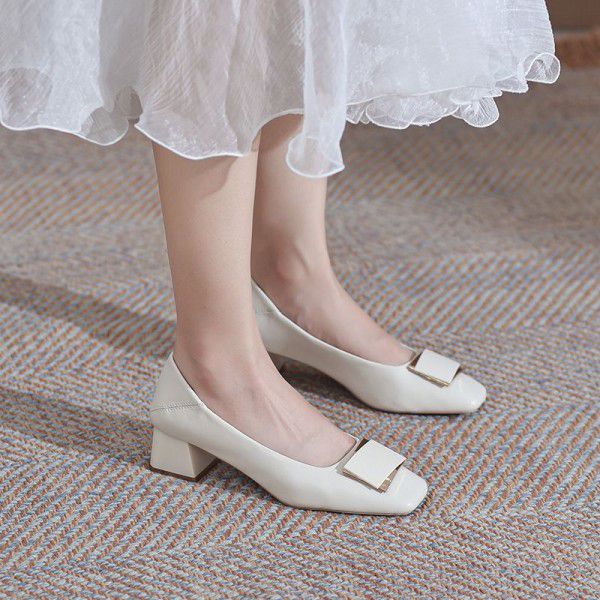 New square toe thick heel genuine leather single shoes for women's OL professional work shoes, high heels, sheepskin shallow mouth women's shoes 