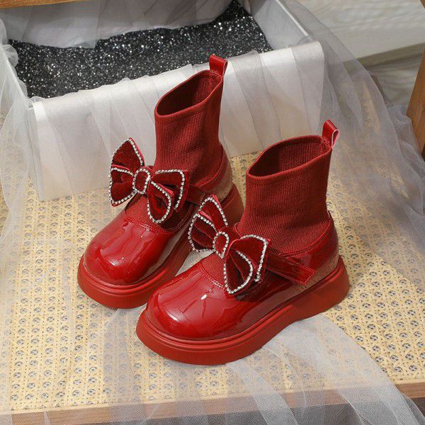 Girls' short boots=new autumn and winter bow knot ...