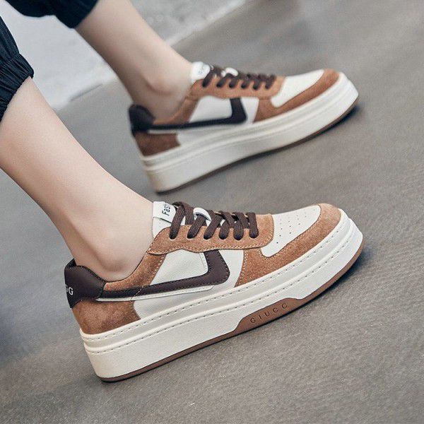 Top layer cowhide small white shoes for women's new women's shoes, Korean version versatile round head color matching thick sole bread casual sports board shoes 