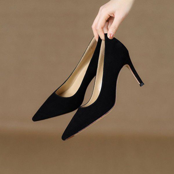 New Spring/Summer French High Heels Female Pointed Thin Heels Black Temperament Frosted Single Shoe Female 