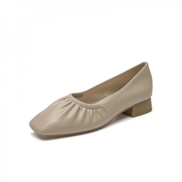 Square toe thick heeled single shoes for women in spring and autumn, new styles for women in spring and autumn, pleated and versatile, shallow mouth medium heeled grandmother shoes for women in work shoes 