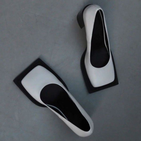 High Heel Single Shoes Women's Shallow Mouth Square Head British Walk Show Fashion Sealing Sail Thick Heel Fashion Versatile Small Leather Shoes 