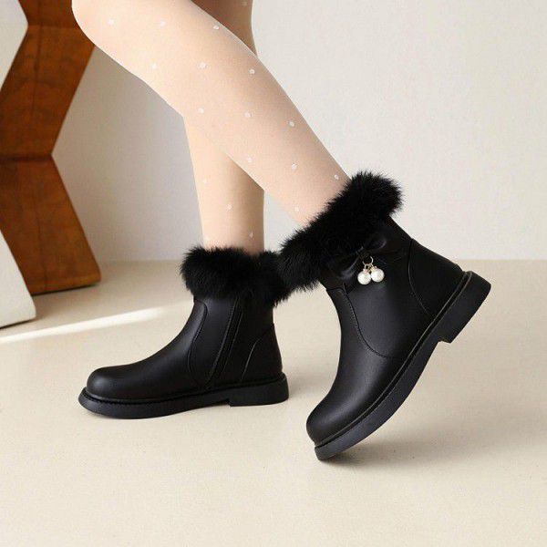 Girls' short boots, spring and autumn children's boots, big boys' flower little girls' plush winter princess ankle boots, snow boots 