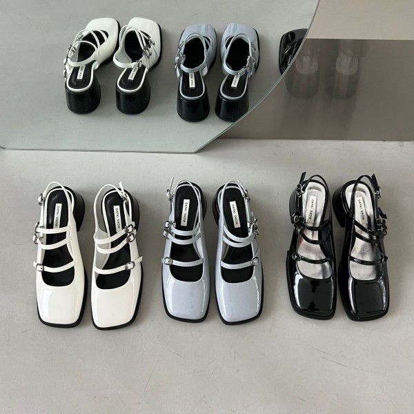 Thick Heel Baotou Mary Jane Shallow Mouth Single Shoes Women's High Heels Square Toe Strap Summer Sandals 
