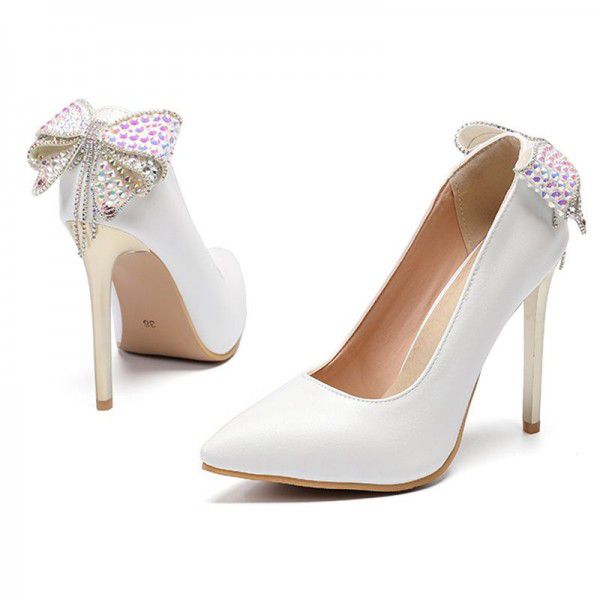 White bow tie shallow tassel high heels, thin high heels, wedding shoes, banquet shoes 