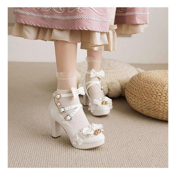 Japanese Sweet Little Fresh Lace Bow Original Single Shoe Thick Sole Mid Heel Buckle Princess Fairy Shoes 