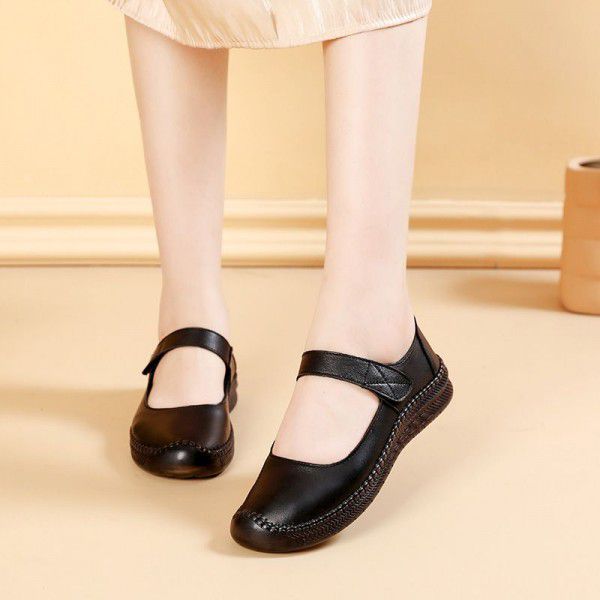 Spring and Autumn Soft Sole Four Seasons Single Shoes for Women's Comfort Shallow Mouth Flat Sole Leather Shoes 