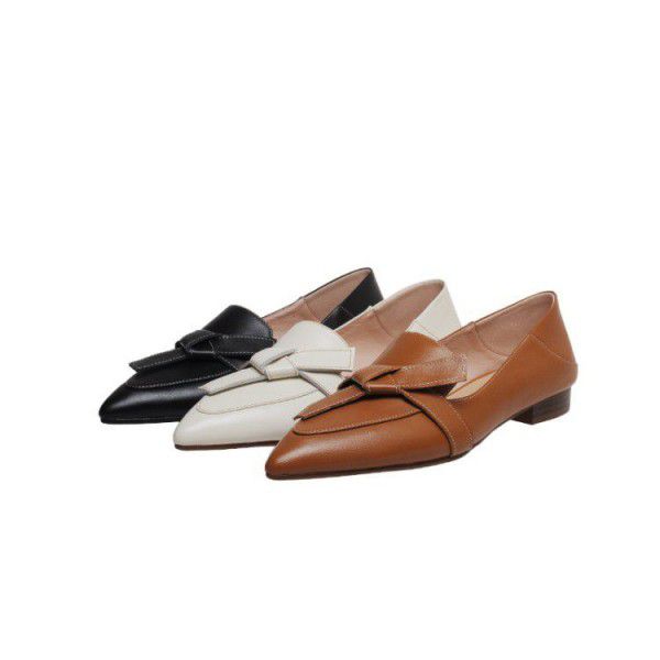 Spring and Autumn New Solid Color Low Heel Shoes, Two Wear Single Shoes, British Style Pointed Bow Inner and Outer Full Leather Women's Shoes 