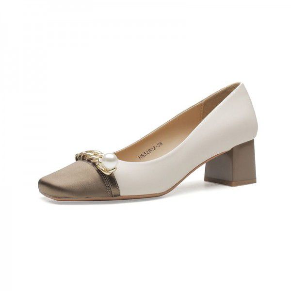 Spring New French Square Head Pearl Chain Temperament Celebrity Colored Small Thick Heel Shoes Women's High Heels 