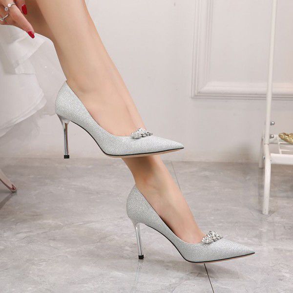 Spring and Summer New Silver High Heels Slim Heel Pointed Full Diamond Crystal Wedding Bridesmaid Shoes 