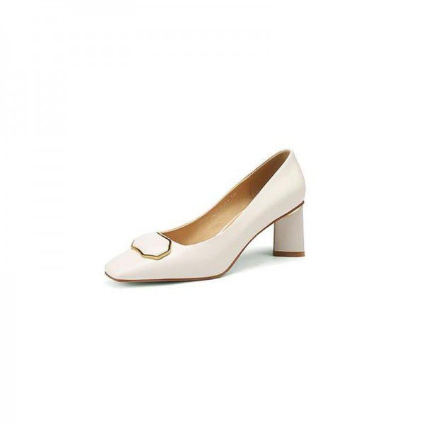 Sheepskin high heels, thick heels, square toe, cow tendon soles, commuting women's single shoes 