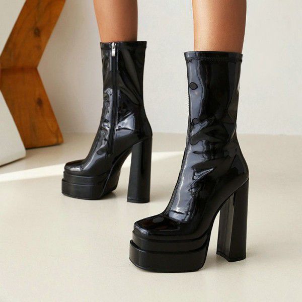 New style thick heeled waterproof platform fashion women's boots with patent leather square toe short boots 