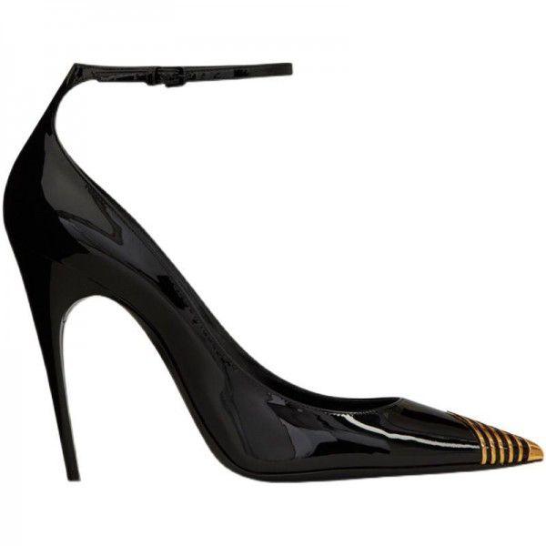 Spring and Autumn High Heels Women's Temperament Black Lacquer Leather Park Choi Ying Metal Pointed Thin Heels One Button Iron Toe Single Shoes 