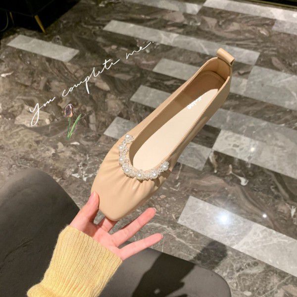 French Gentle Pearl Granny Shoes with Shallow Mout...