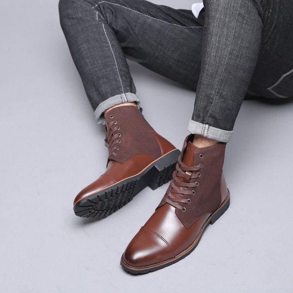 New large men's cotton shoes fashion trend color matching pointed Plush warm Martin boots high top men's shoes leather boots 