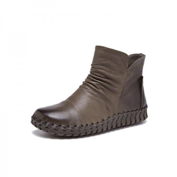 Autumn New Genuine Leather Short Boots Casual Flat Bottom Versatile Round Head Leather Boots 