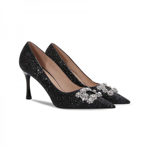 New Summer Crystal High Heels Wedding Shoes Black Professional Work Shoes Formal Water Diamond Square Button Women's Single Shoes 