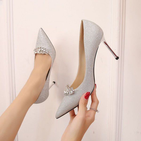 Spring and Summer New Silver High Heels Slim Heel Pointed Full Diamond Crystal Wedding Bridesmaid Shoes 
