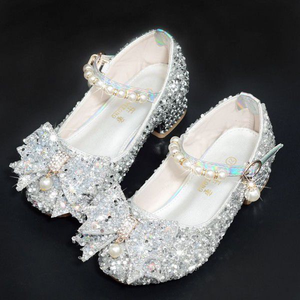 Girls' leather shoes, high heels, children's cryst...